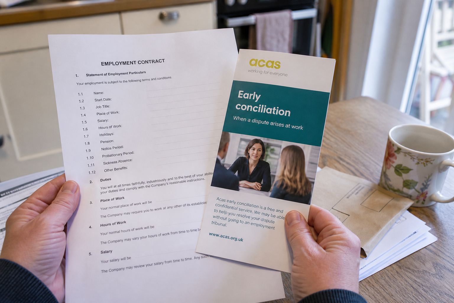 Hands holding an employment contract and an Acas leaflet.