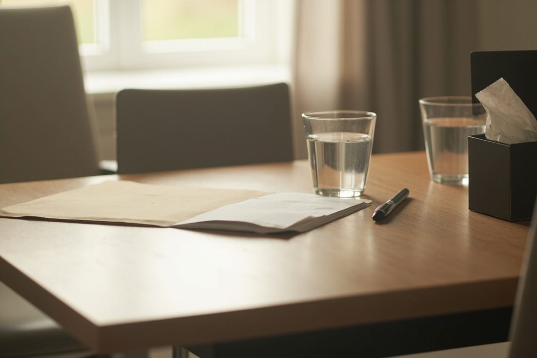 A quiet meeting room table with a folder, loose papers, a pen, two glasses of water and a box of tissues, with empty chairs behind.