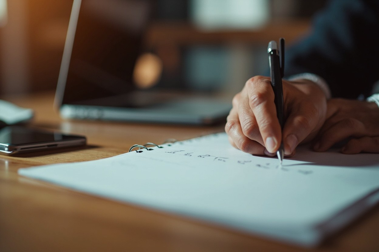 A close up of a hand writing a note on a notepad in a quiet home office, with a pen resting across the page and warm interior light.