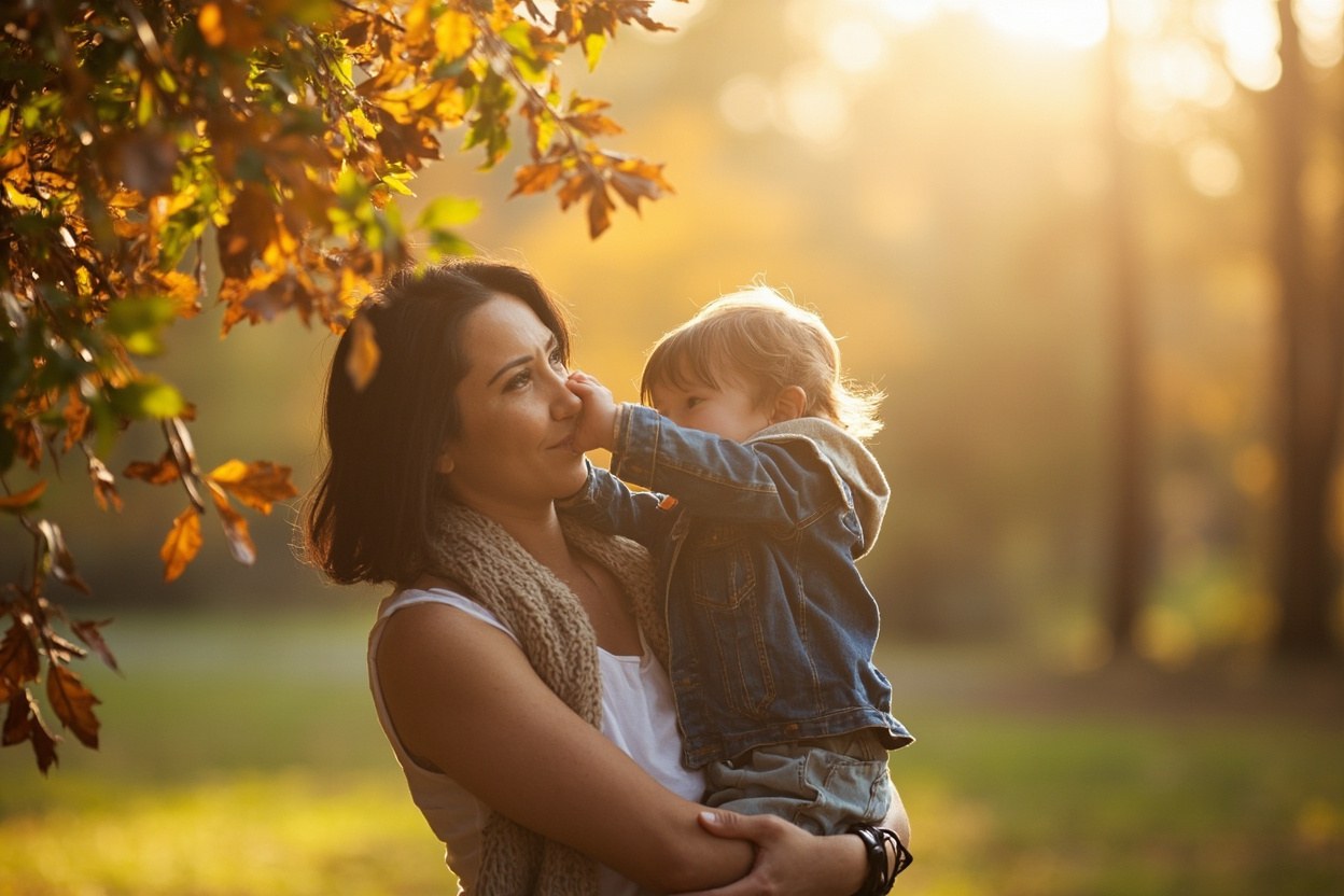 A parent holding a small child in a sunny park, the child reaching for a leaf on a low branch, soft autumn daylight