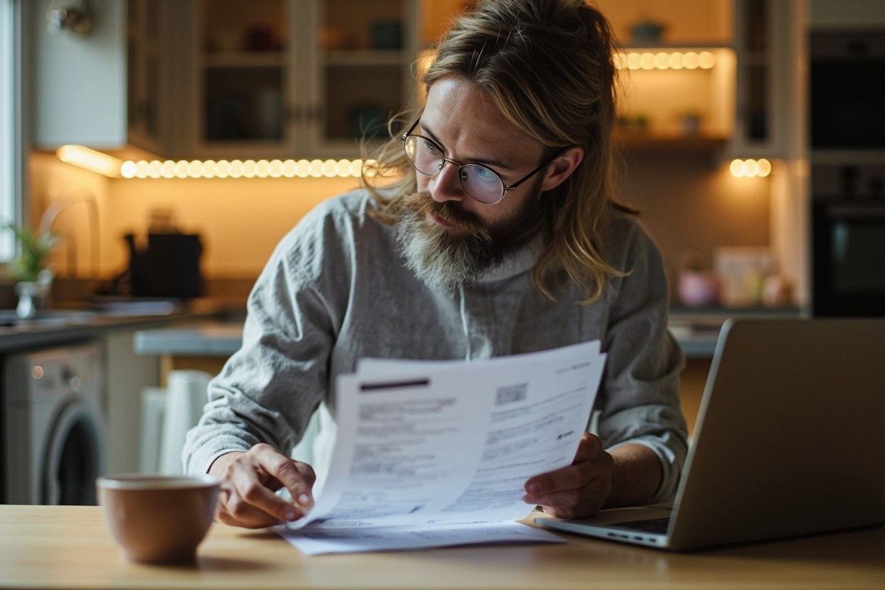An office worker looking at payslips at a kitchen table at home, with a cup of tea and a laptop to one side, warm interior light