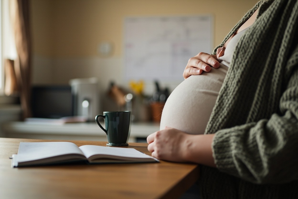 A pregnant person at a kitchen table with a mug of tea and a small notebook, a calendar pinned to the wall in the background during morning daylight