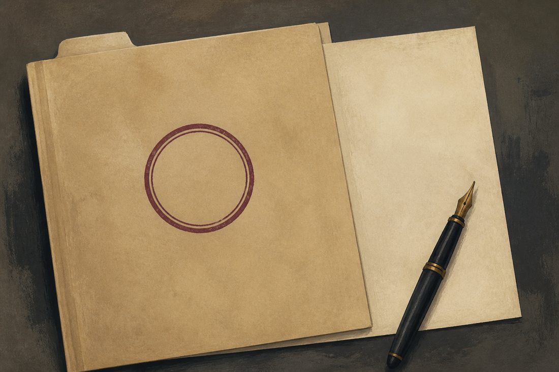 A manila folder and a second page half pulled out, fountain pen beside them.