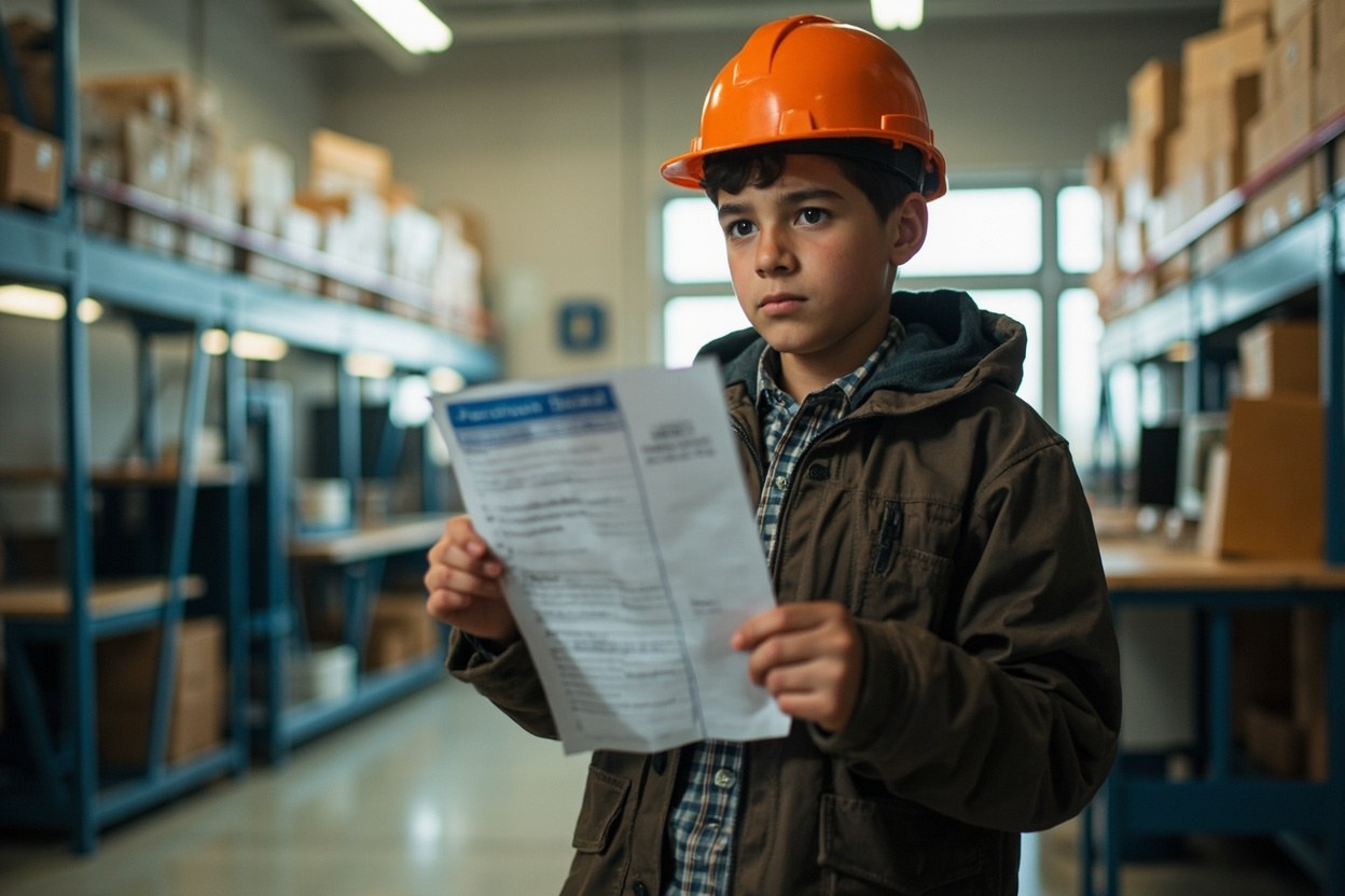 A young person in workwear holding a printed pay slip in a brightly lit staff room at the start of a shift