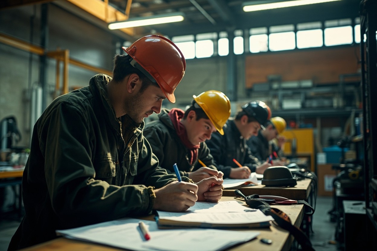 A small group of apprentices in a college workshop writing notes at a bench under fluorescent daylight