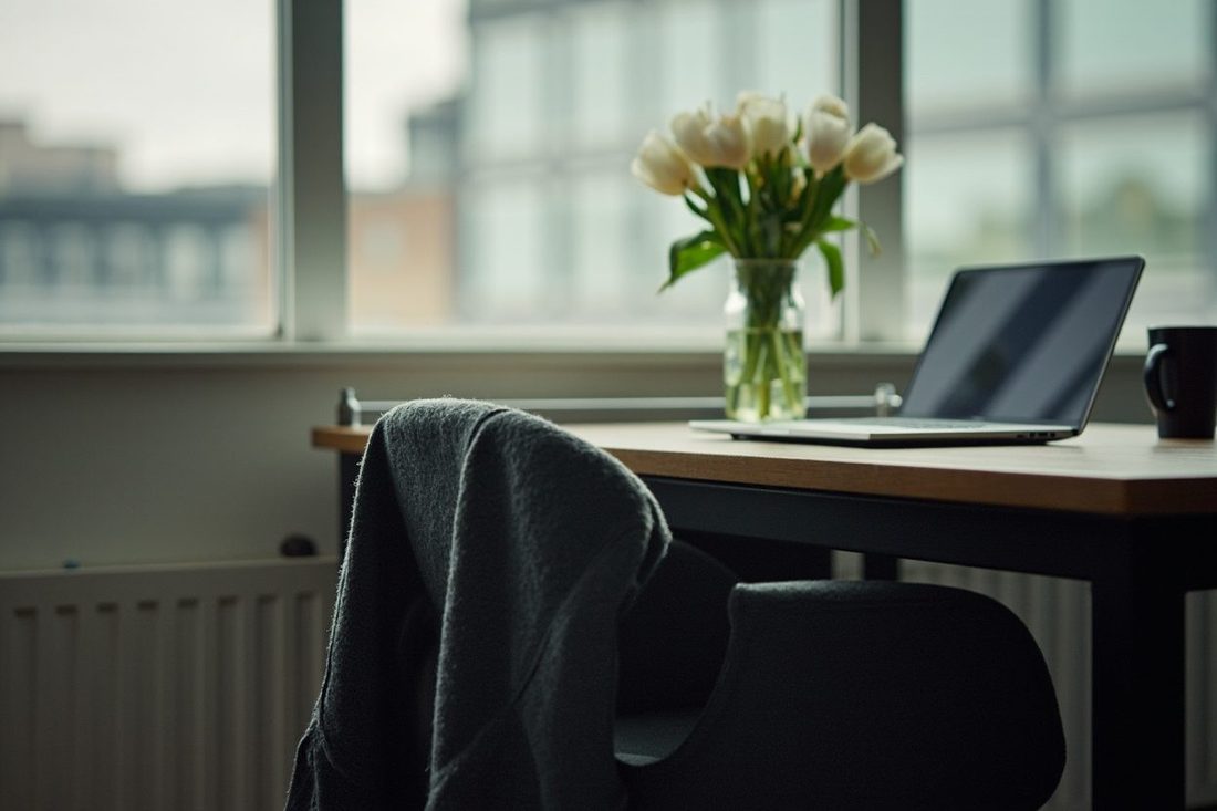 An empty office chair with a grey cardigan over its back, beside a desk with white tulips in a glass vase, a closed laptop and a mug, in soft grey window light