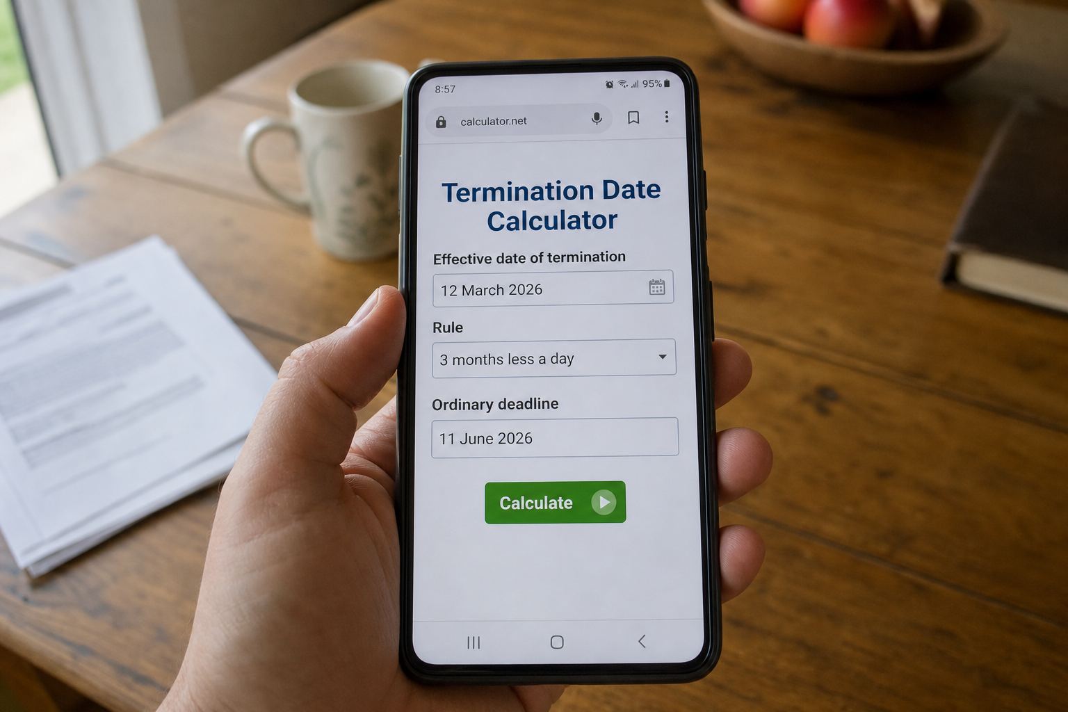A phone showing a tribunal deadline calculator with two dates.