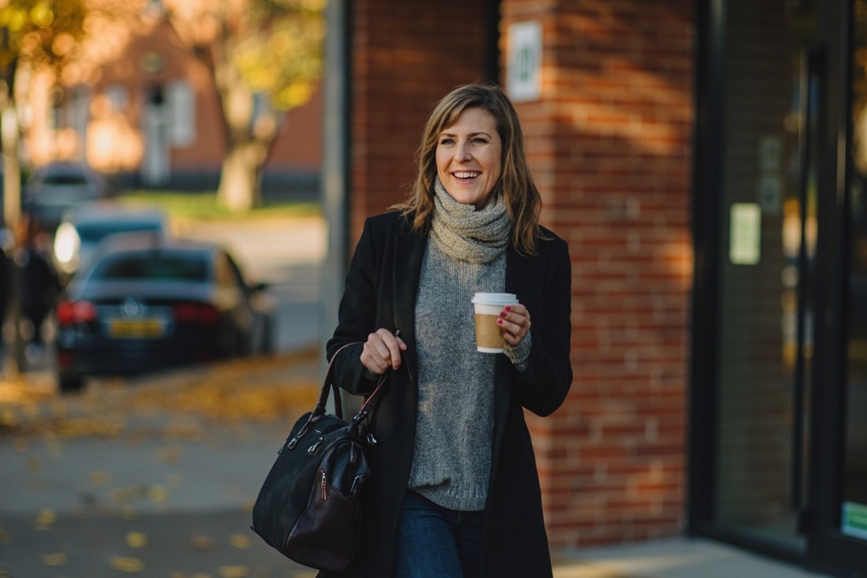 A woman with a satchel walking out of a brick office building on a bright October morning, holding a paper cup of tea, with autumn leaves on the pavement in a city centre street scene