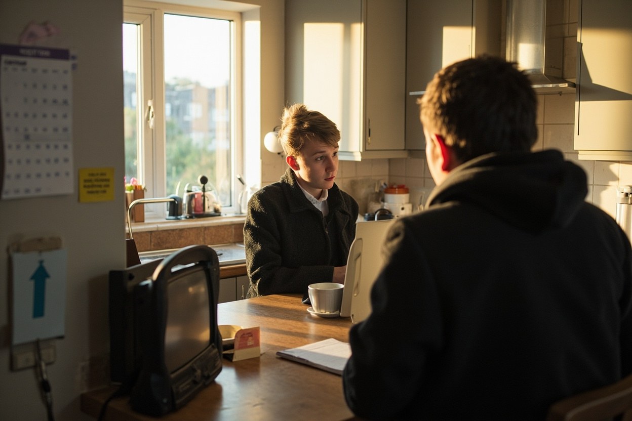 Two people talking across a kitchen counter in a domestic interior, sunlight through a window, a calendar pinned to the wall and a notebook open on the counter in a candid everyday scene