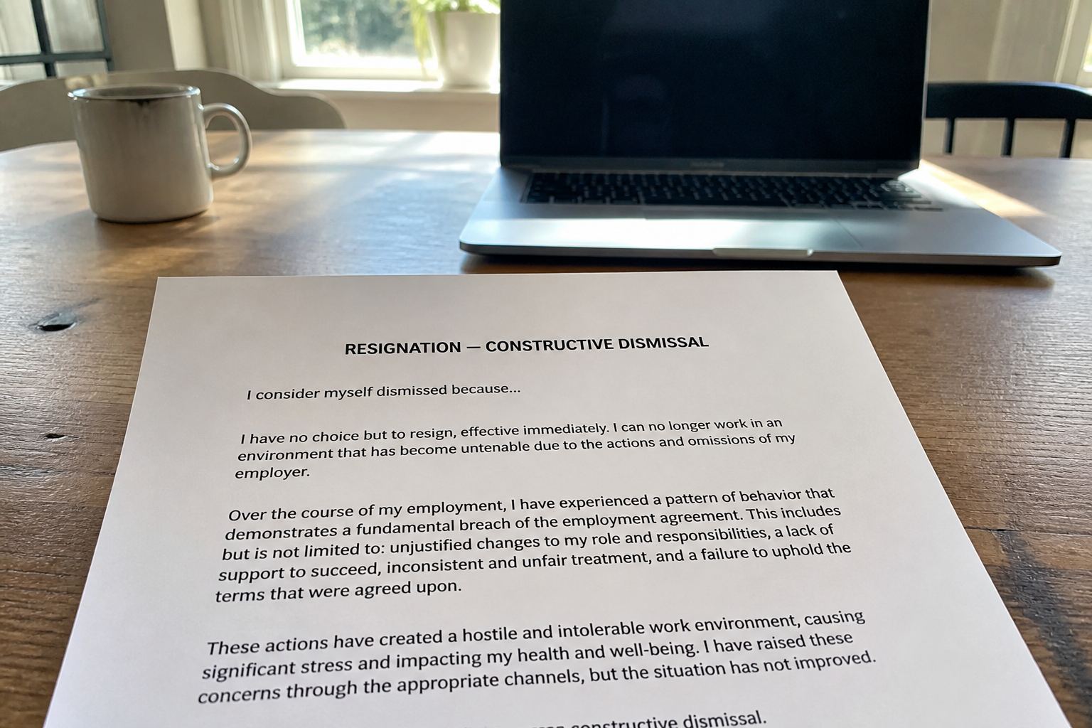 A printed resignation letter headed constructive dismissal.