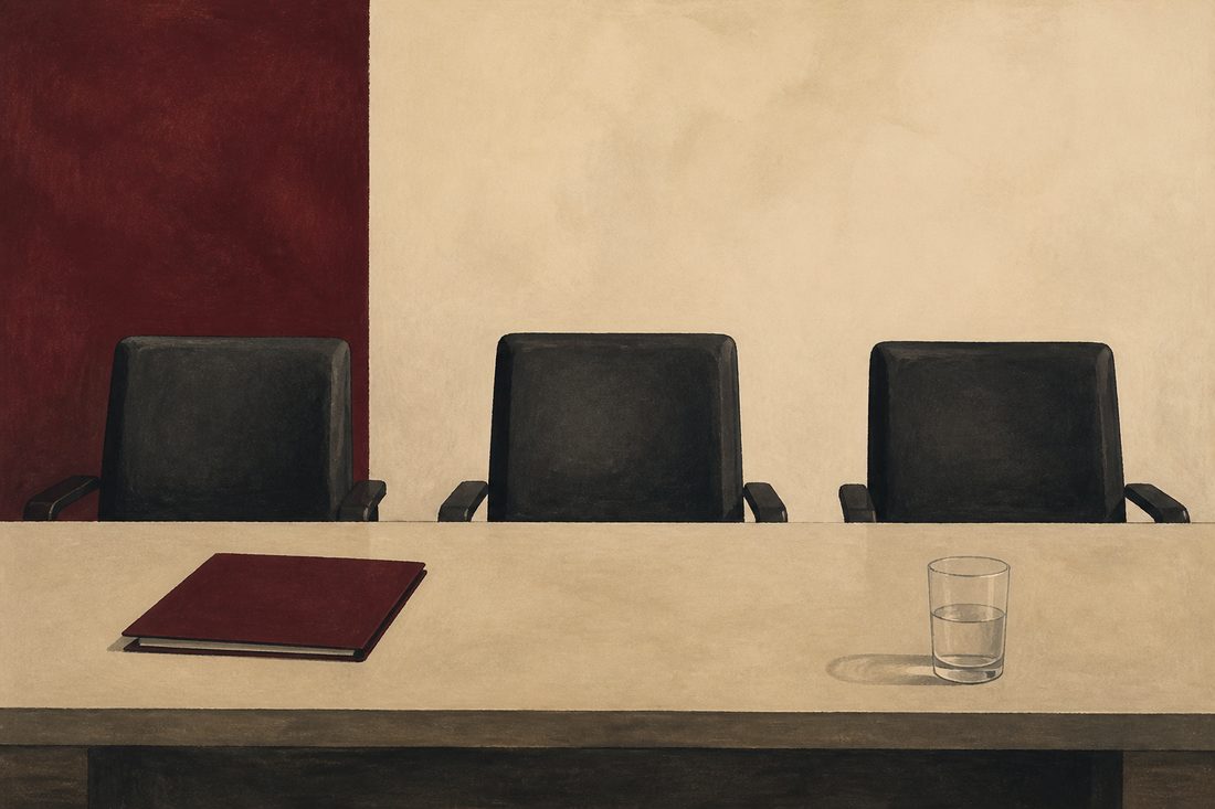 Three empty chairs at a meeting table with a closed folder and a glass of water.