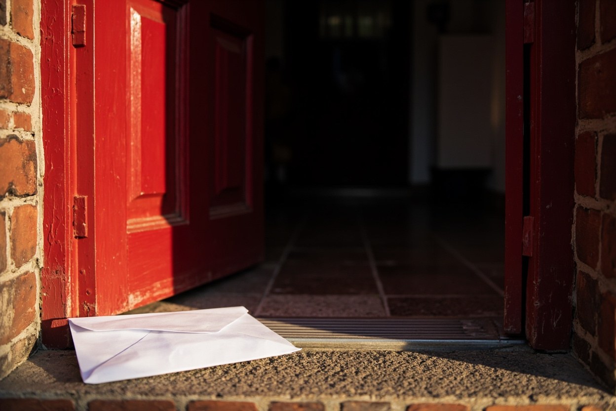 A red brick doorway in late afternoon street light, with a white envelope resting on the threshold mat