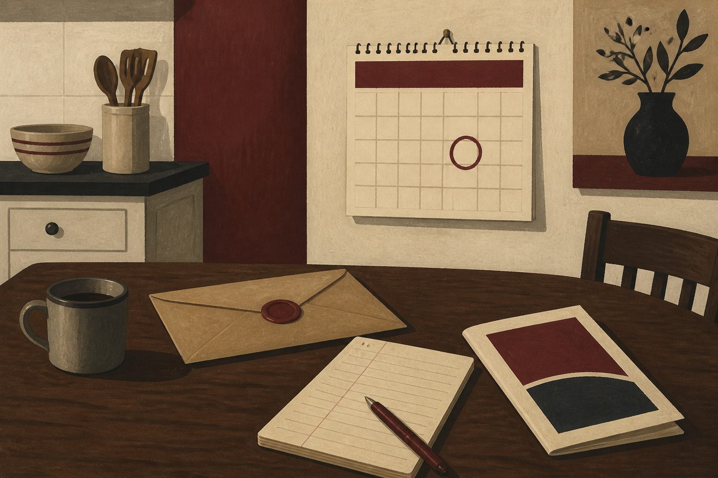 A brown envelope, a circled calendar date, and a notepad on a kitchen table.