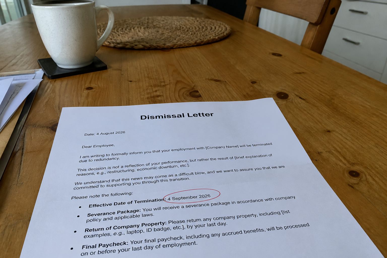 A dismissal letter with the effective date circled.