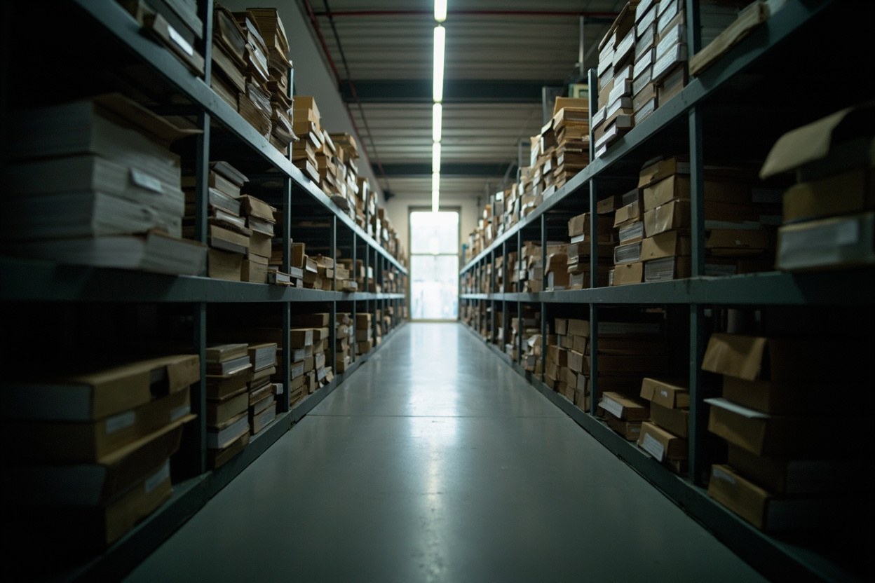 A long empty archive corridor with soft interior light, a metaphor for years of records waiting to be retrieved.
