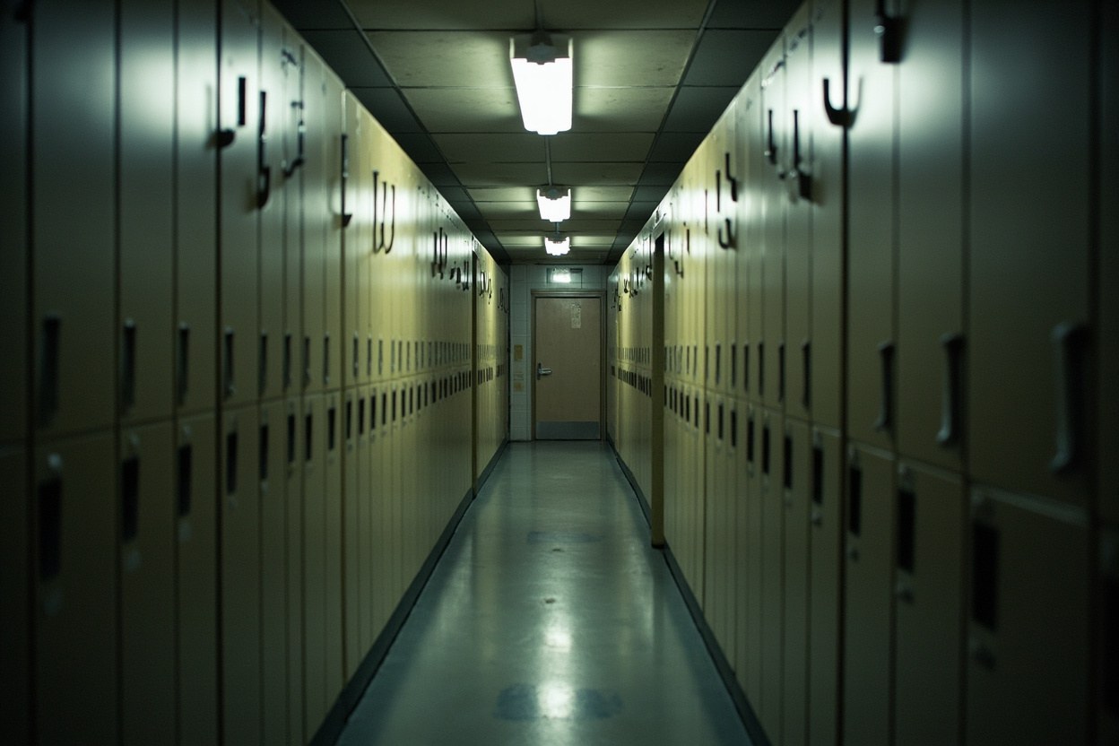 A row of lockers in a quiet staff corridor with a single fluorescent light on the interior ceiling