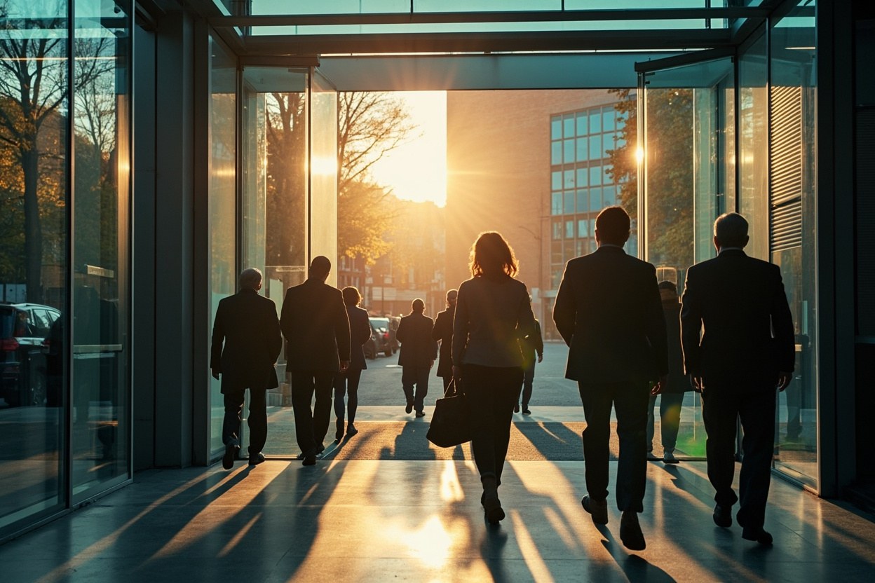 A row of workers leaving a glass office building at the end of the day in low autumn daylight.