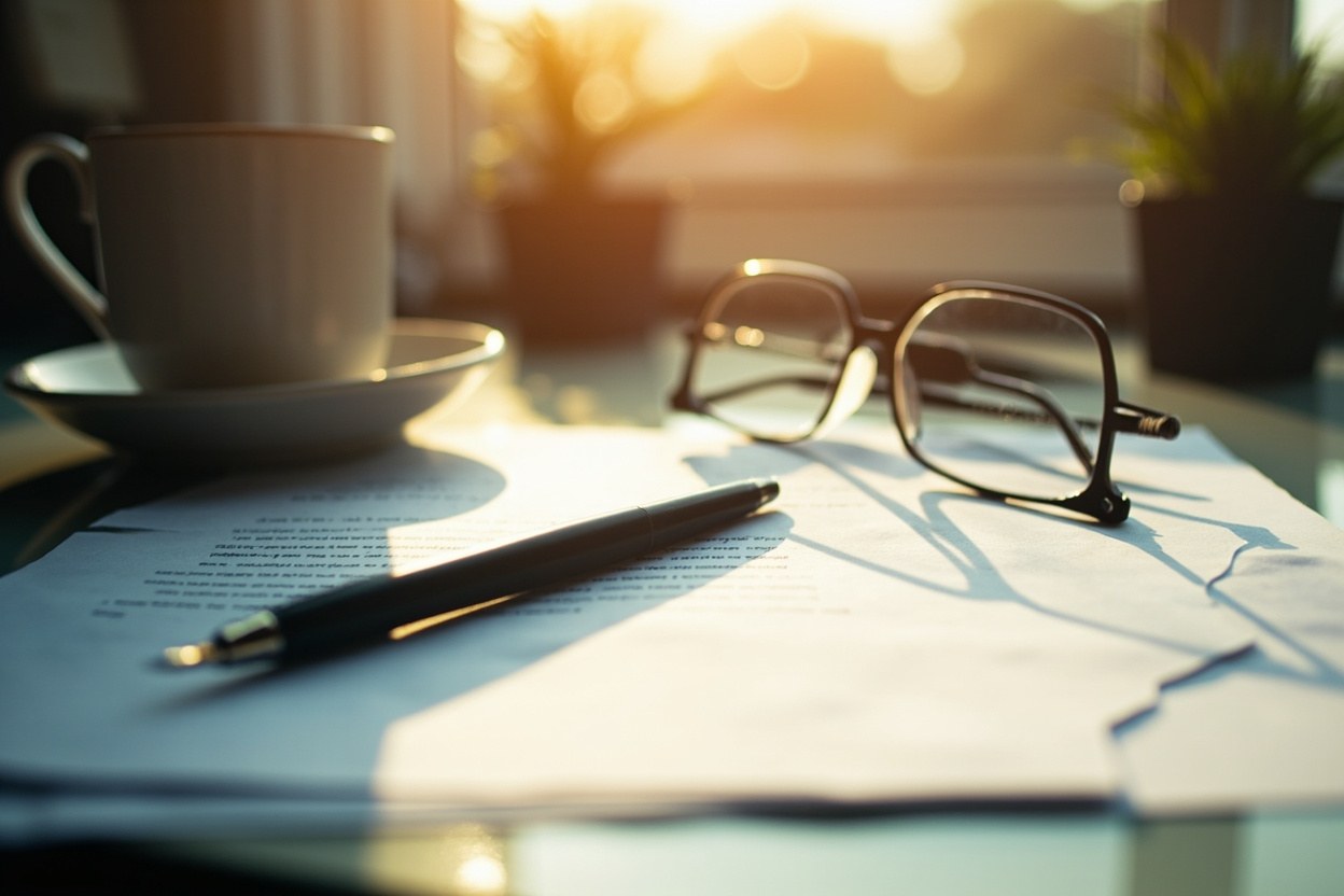 A folded letter on a kitchen counter beside a coffee cup, with a pen and reading glasses catching the morning light through a window.