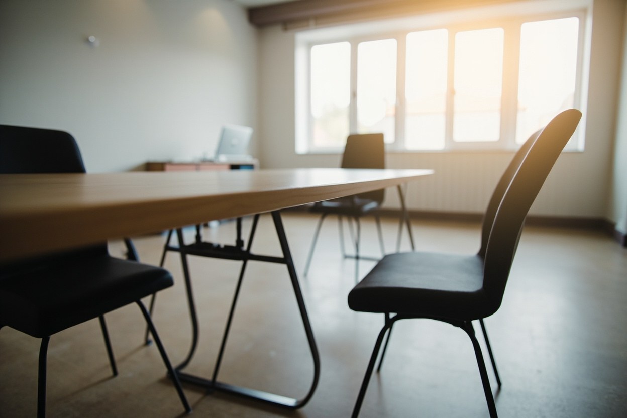 A small meeting room in soft daylight, with three empty chairs around a wooden table and a closed laptop at the far end