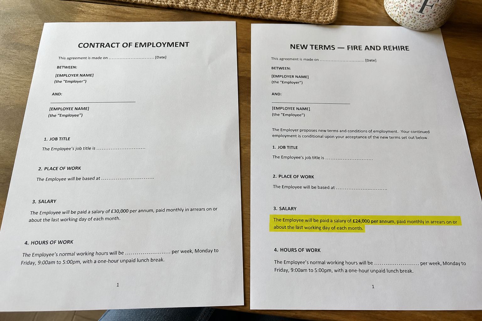 Two contracts side by side, one marked new terms — fire and rehire.