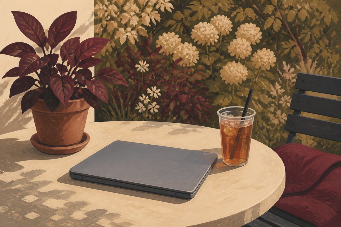 A closed laptop on a garden table beside a plant and a cold cup of tea.