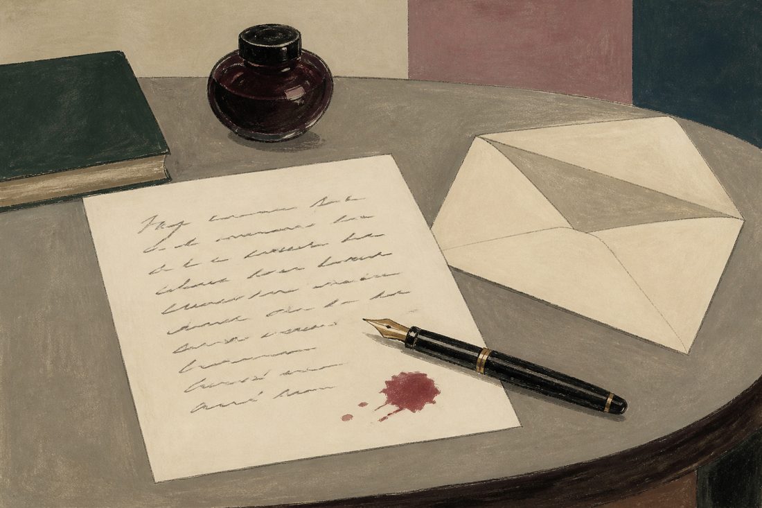A handwritten letter on cream paper, fountain pen and an unsealed envelope.