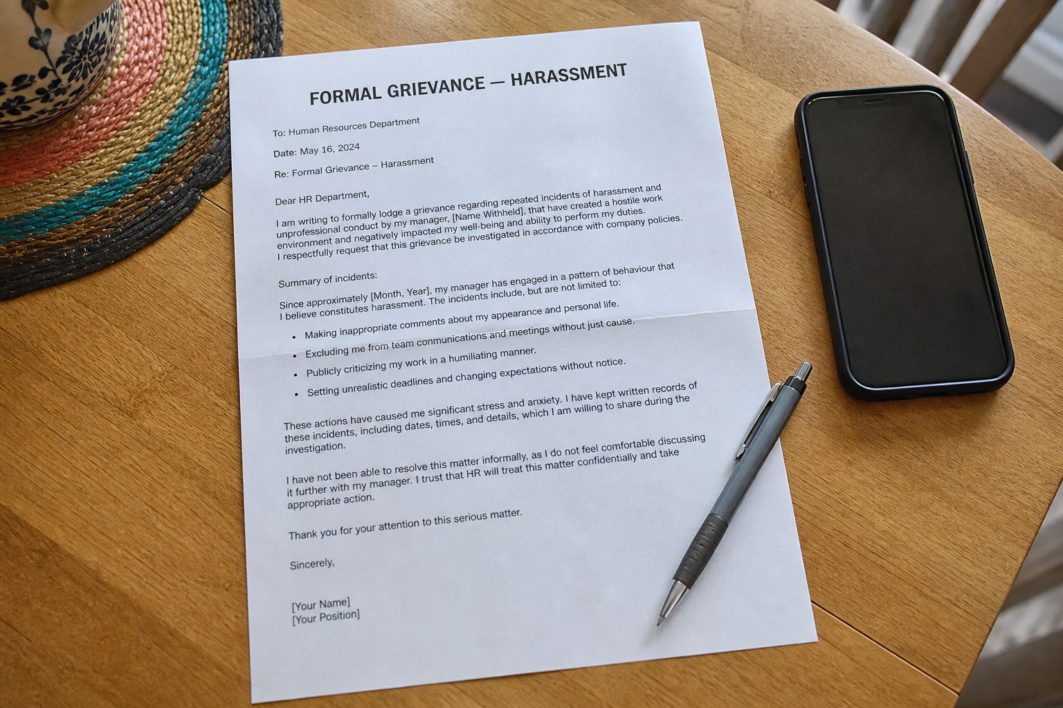 A formal grievance letter about harassment.
