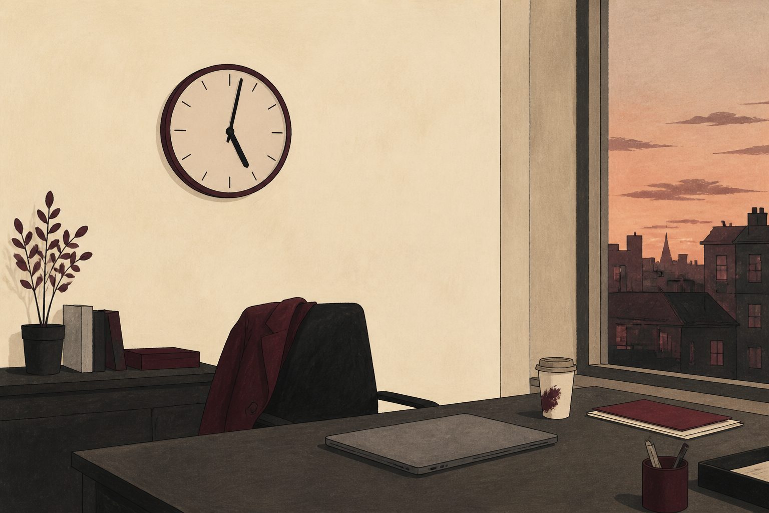 An empty office desk just after five, coat on the chair, clock on the wall.