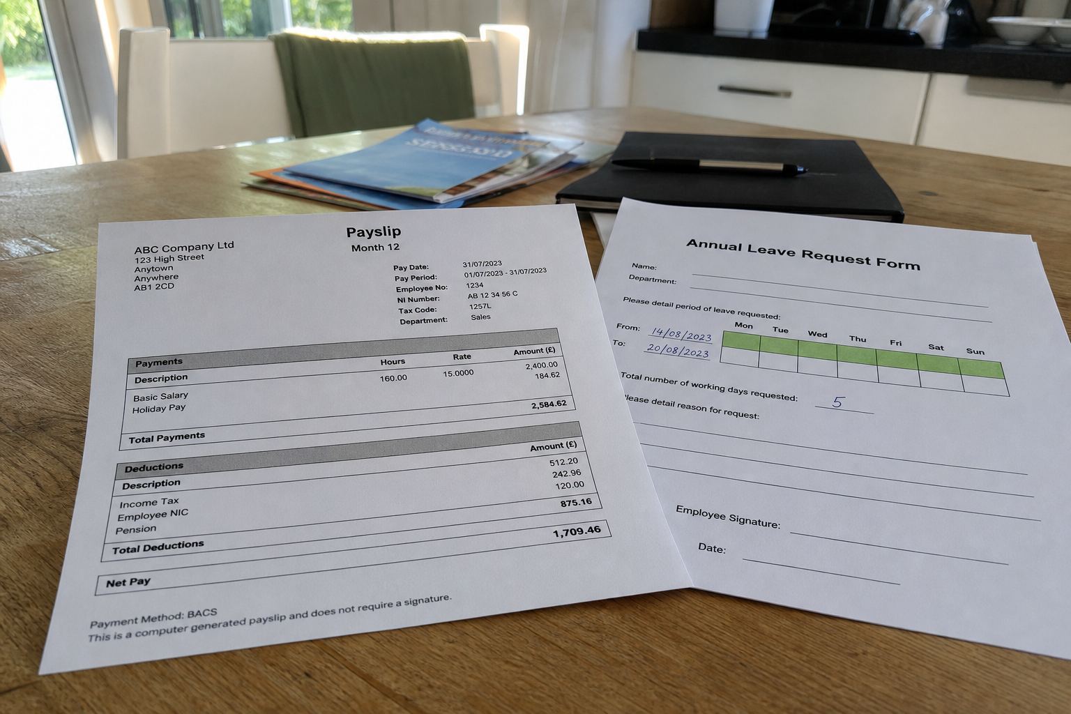 A payslip with a holiday pay line and a leave request form.