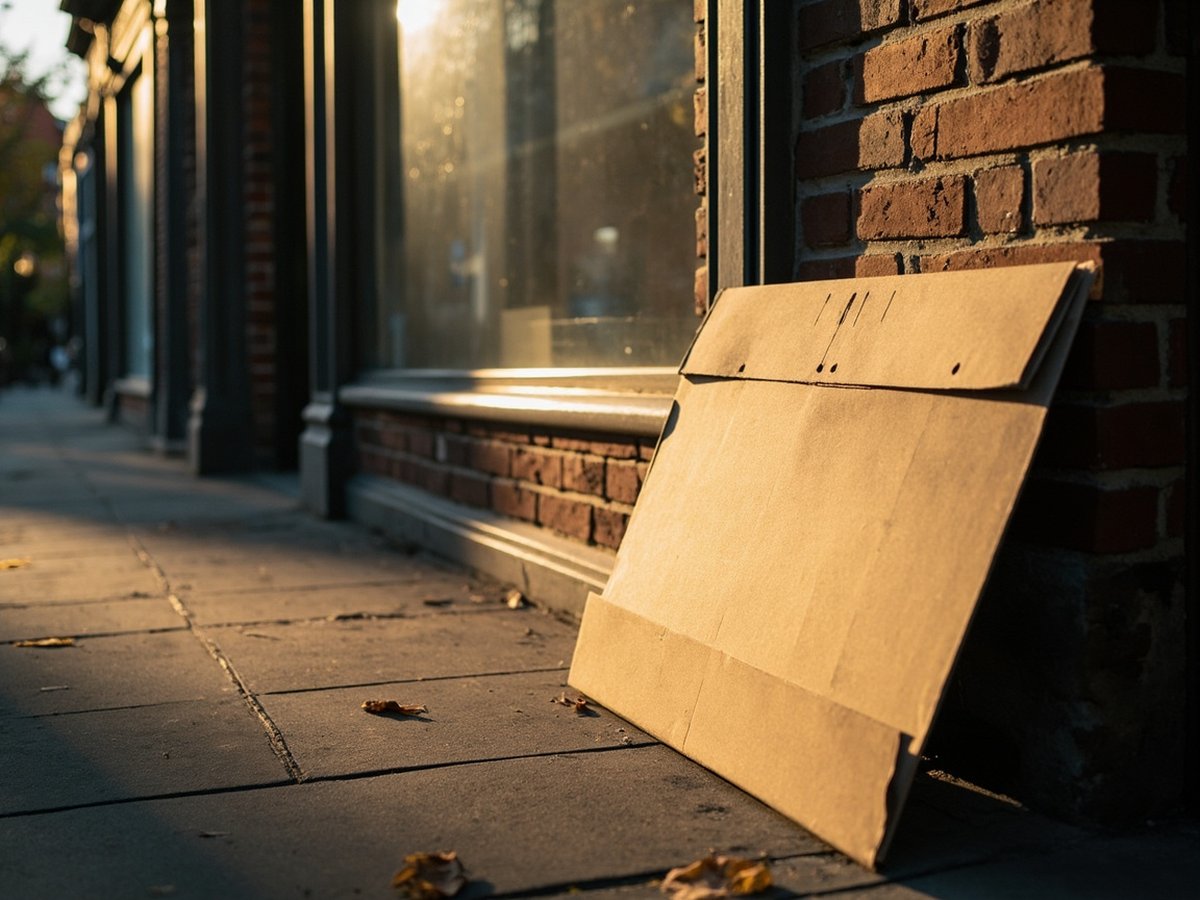 A union placard leaning against a brick wall beside a closed shopfront, morning light, no people in the frame.