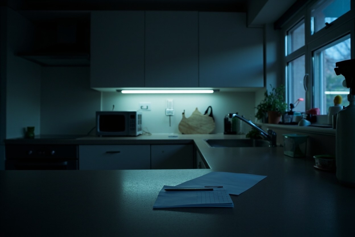 An empty kitchen at midnight with a wall clock showing twelve, soft under-cabinet light, a closed notebook on the counter and a phone resting face-down beside it. The window above the sink is dark and the only light in the room is the clock's soft glow.