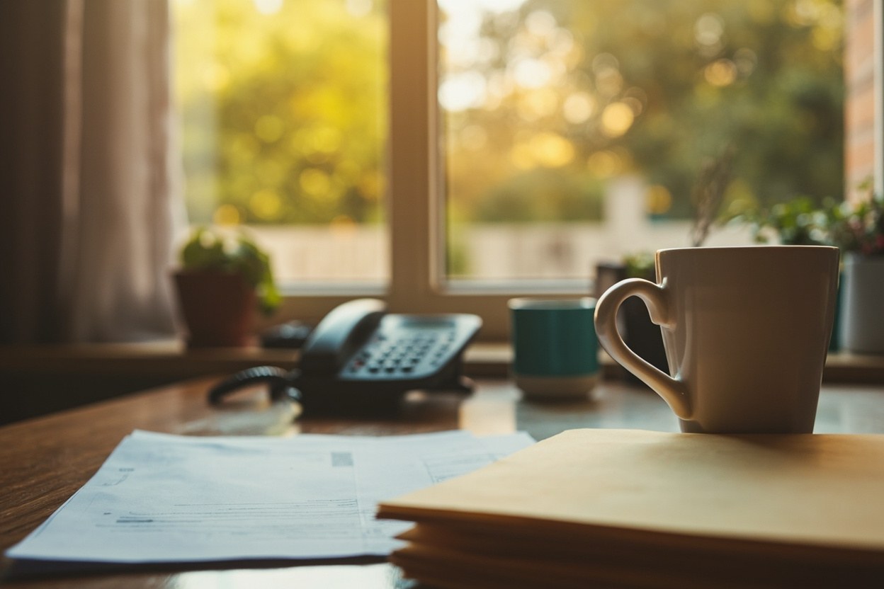 A small kitchen counter with a mug of tea, a phone and a stack of letters in warm morning interior.