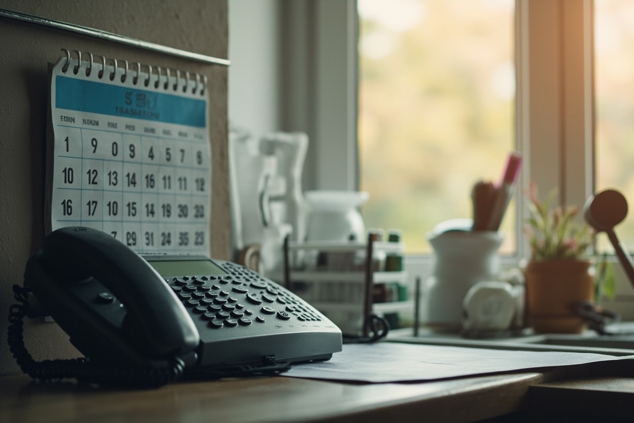 Domestic kitchen interior with a landline telephone on a worktop beside a wall calendar