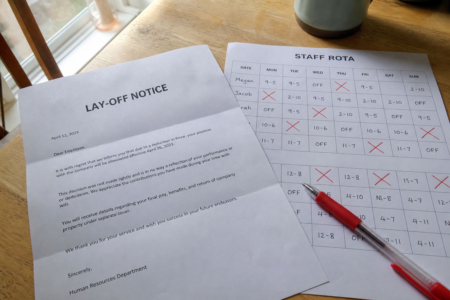 A lay-off notice next to a rota with days crossed out.
