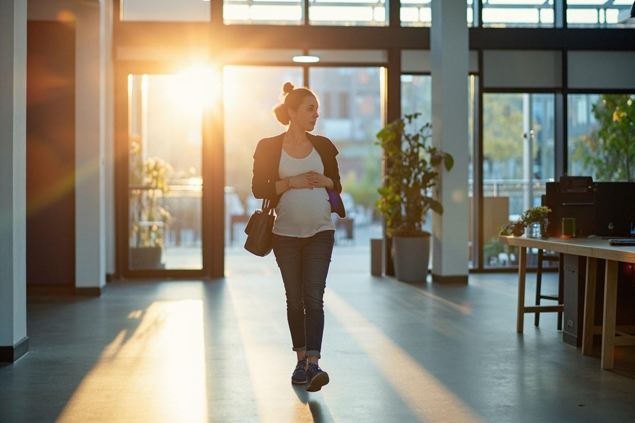 A pregnant employee walking through a bright open-plan office reception area in morning daylight