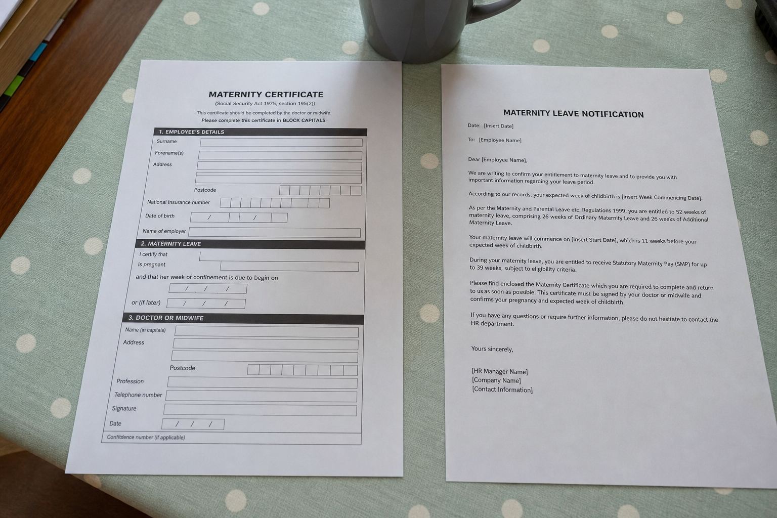 A maternity certificate and a maternity leave letter.