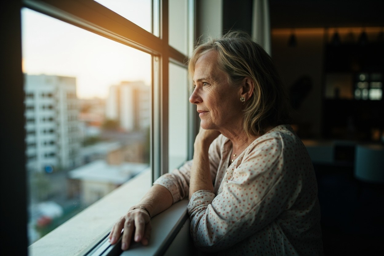A woman looking out of an office window with her hand resting on the frame, soft daylight streaming in