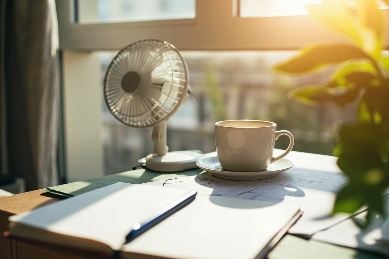 A small white desk fan in a sunlit home office with a mug of tea and a notebook open to a blank page in daylight