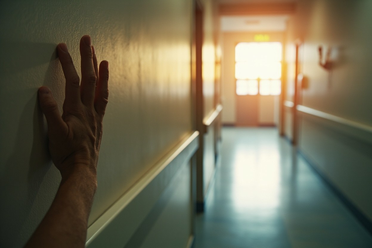 An empty hospital corridor with a hand on a wall and warm afternoon daylight at the far window.