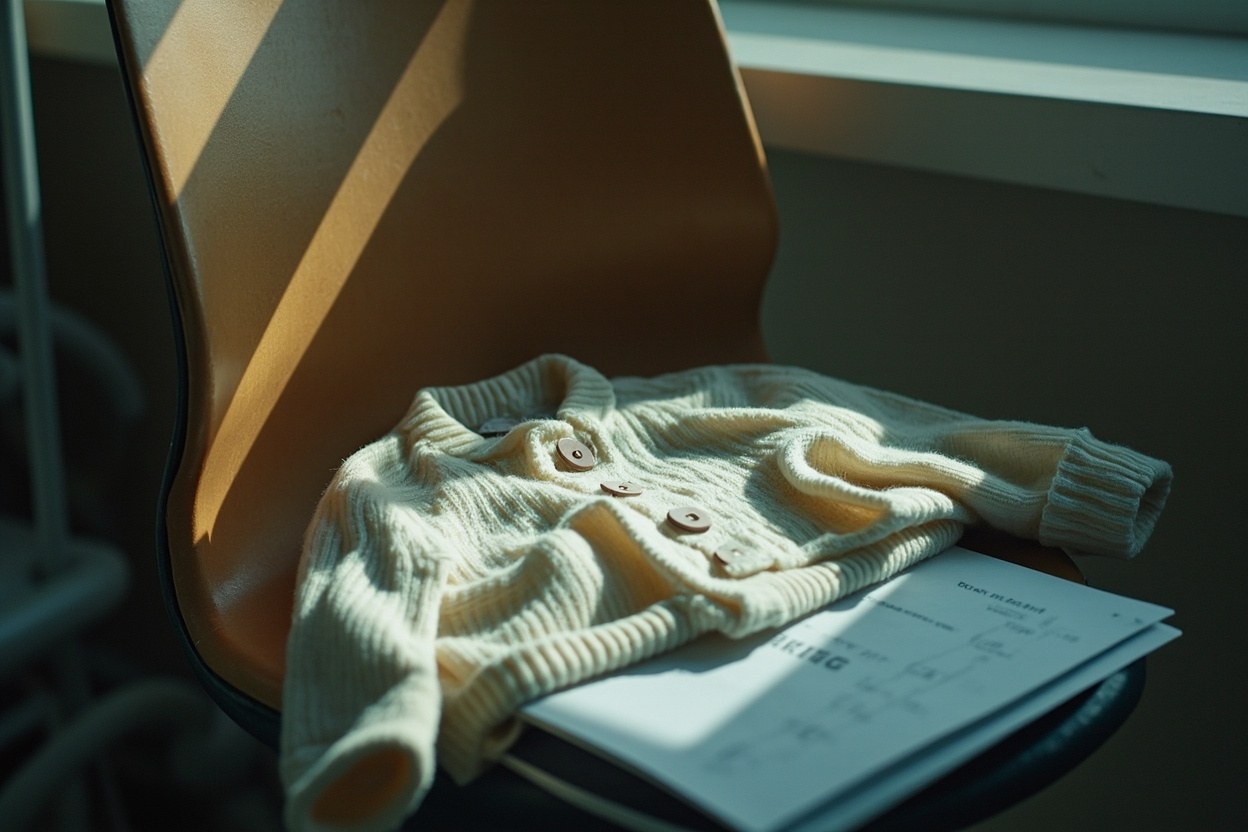 A small folded cardigan sitting on a chair in a softly lit hospital room, with daylight falling across the seat.
