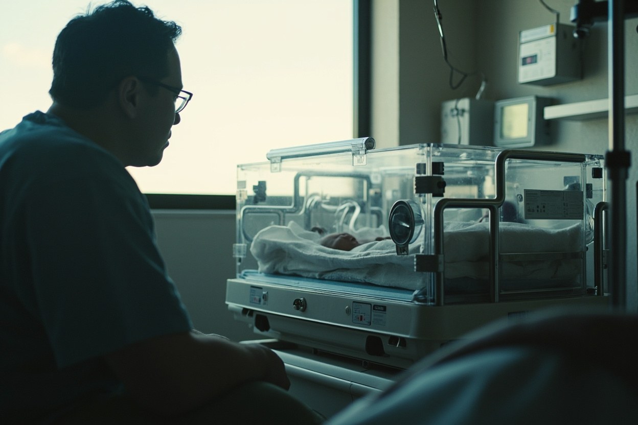 A parent sitting beside an incubator in a softly lit hospital room, daylight through a high window