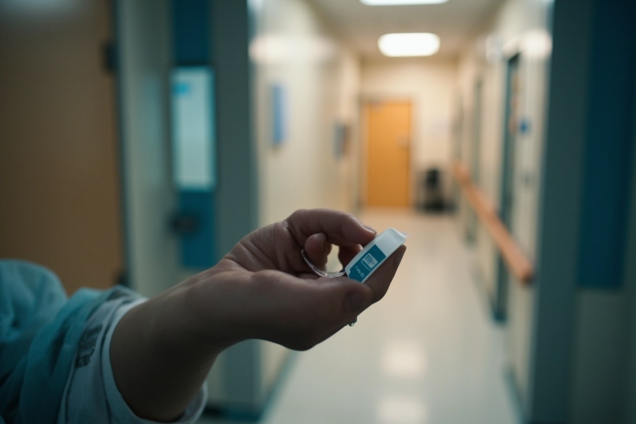 A close up of a hospital identity band on a parent's wrist, with a quiet ward corridor in the background