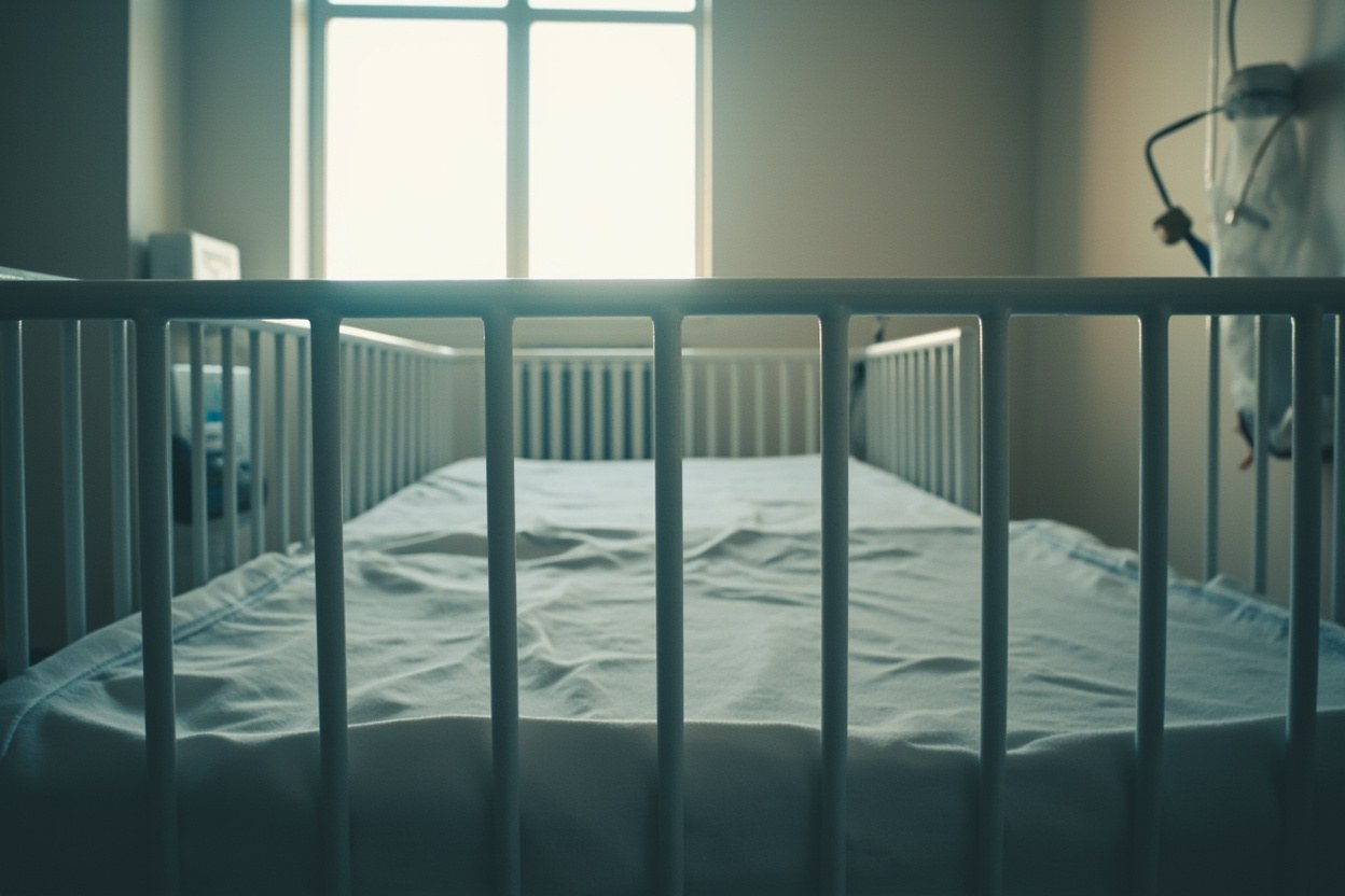 An empty baby cot in a quiet hospital room with soft daylight through a window