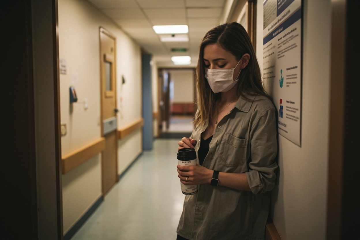A parent holding a keep cup in a hospital corridor with warm interior lighting
