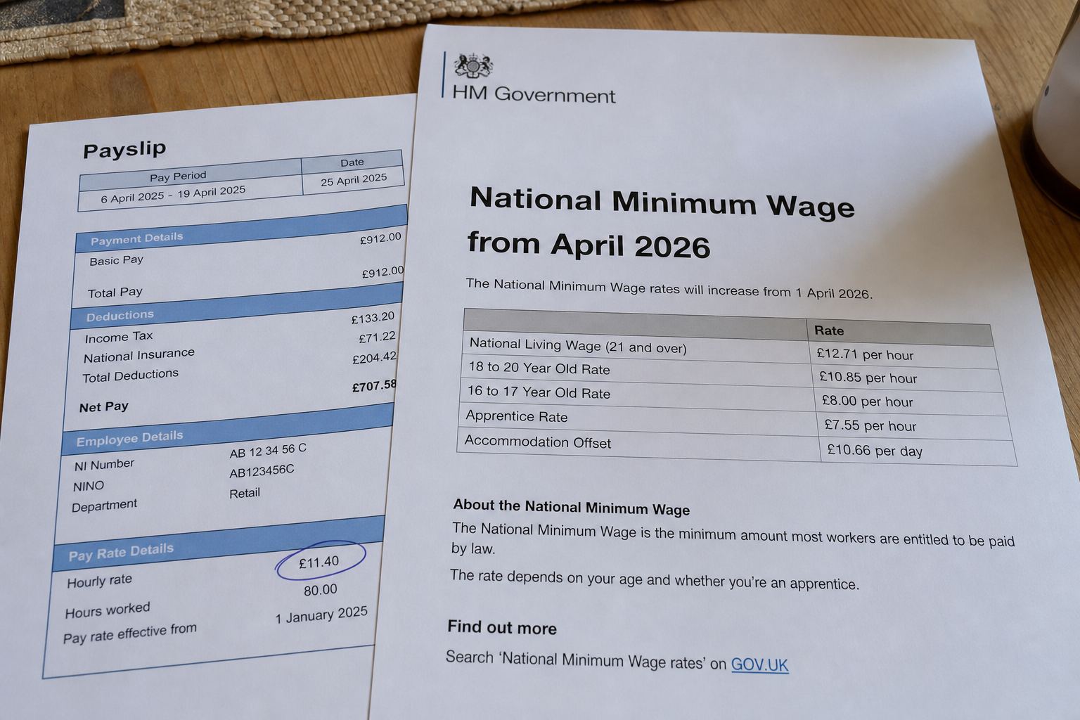 A payslip with the hourly rate circled next to a minimum-wage page.