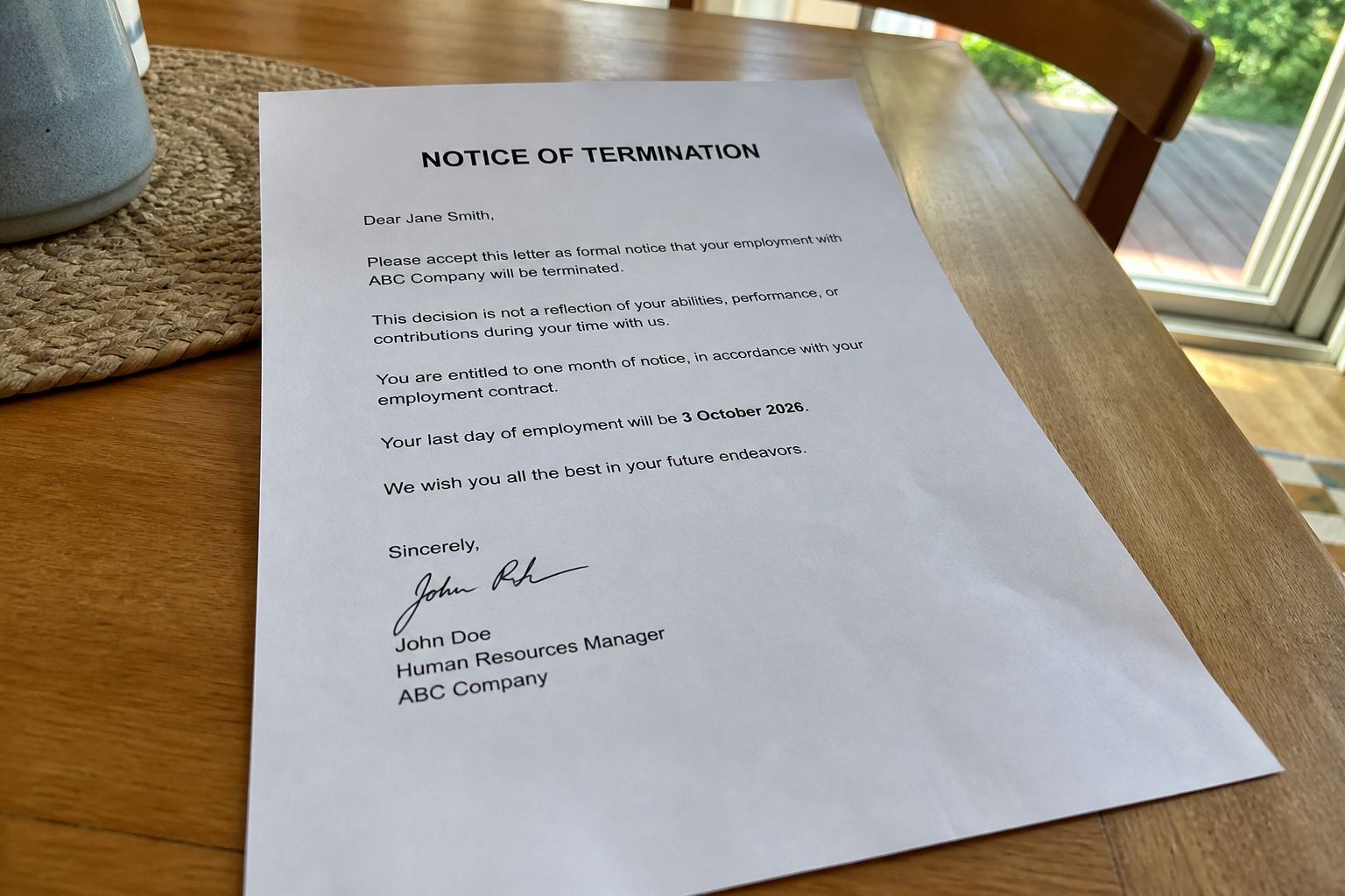 A notice of termination letter with a last working day.