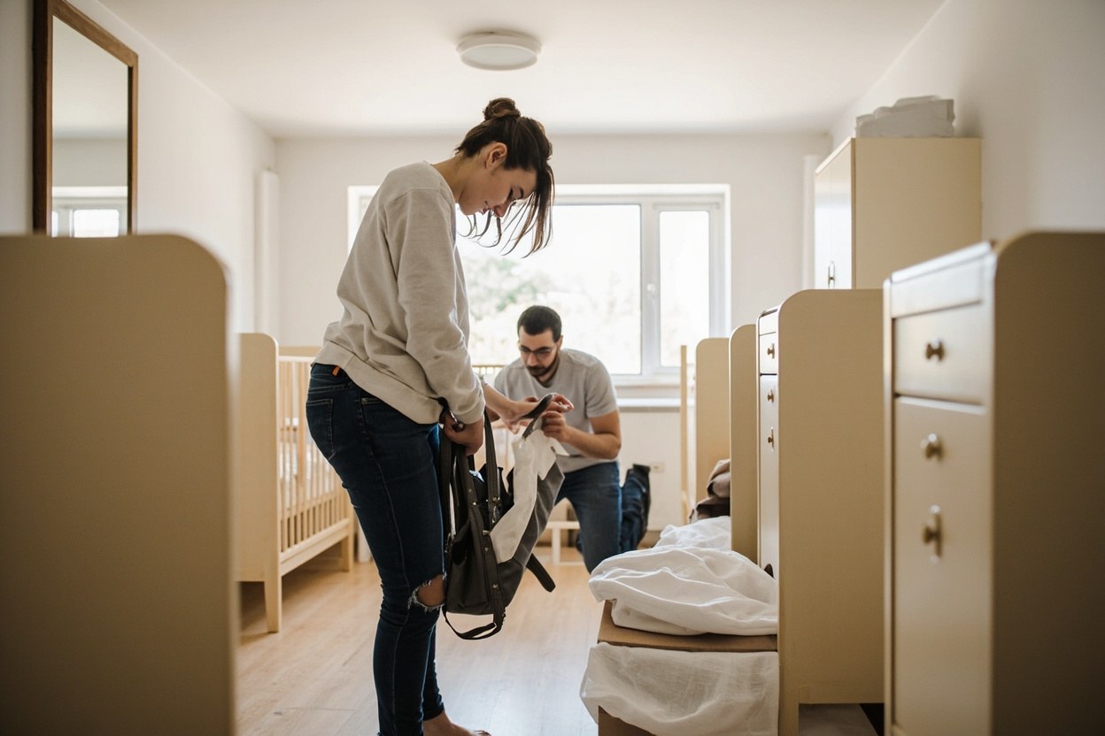 A nursery with pale wood cots and a parent packing a small bag in soft window daylight.