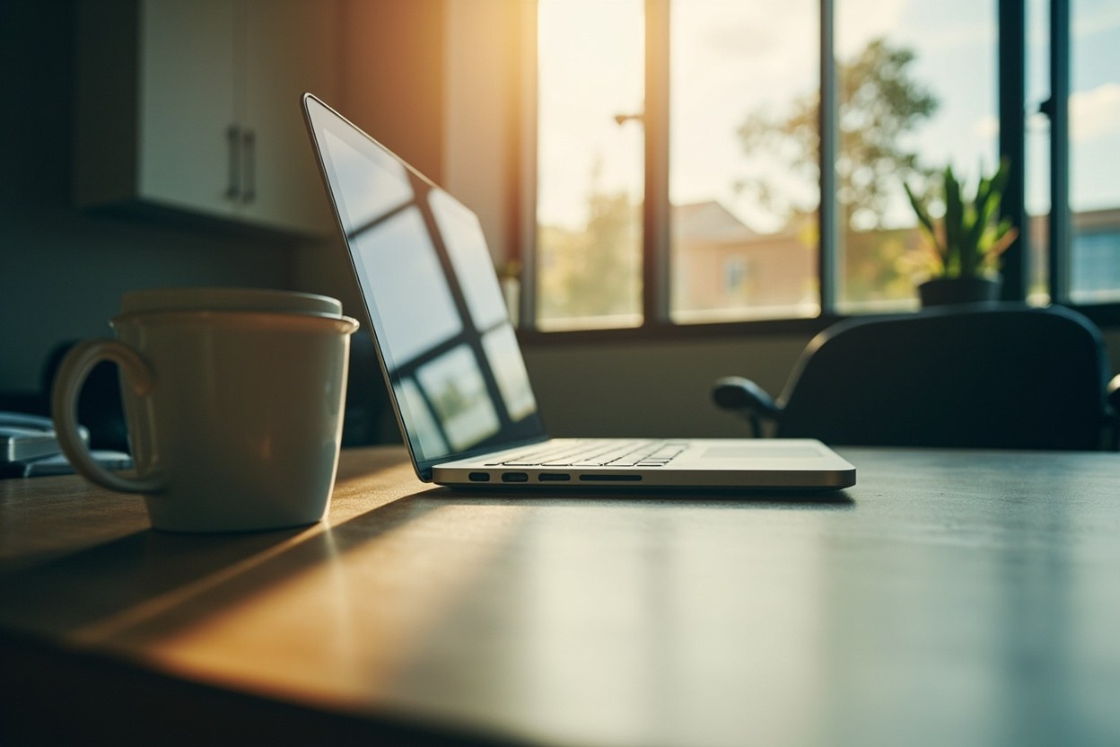 Daylight falling across an empty office desk with a closed laptop and a coffee mug