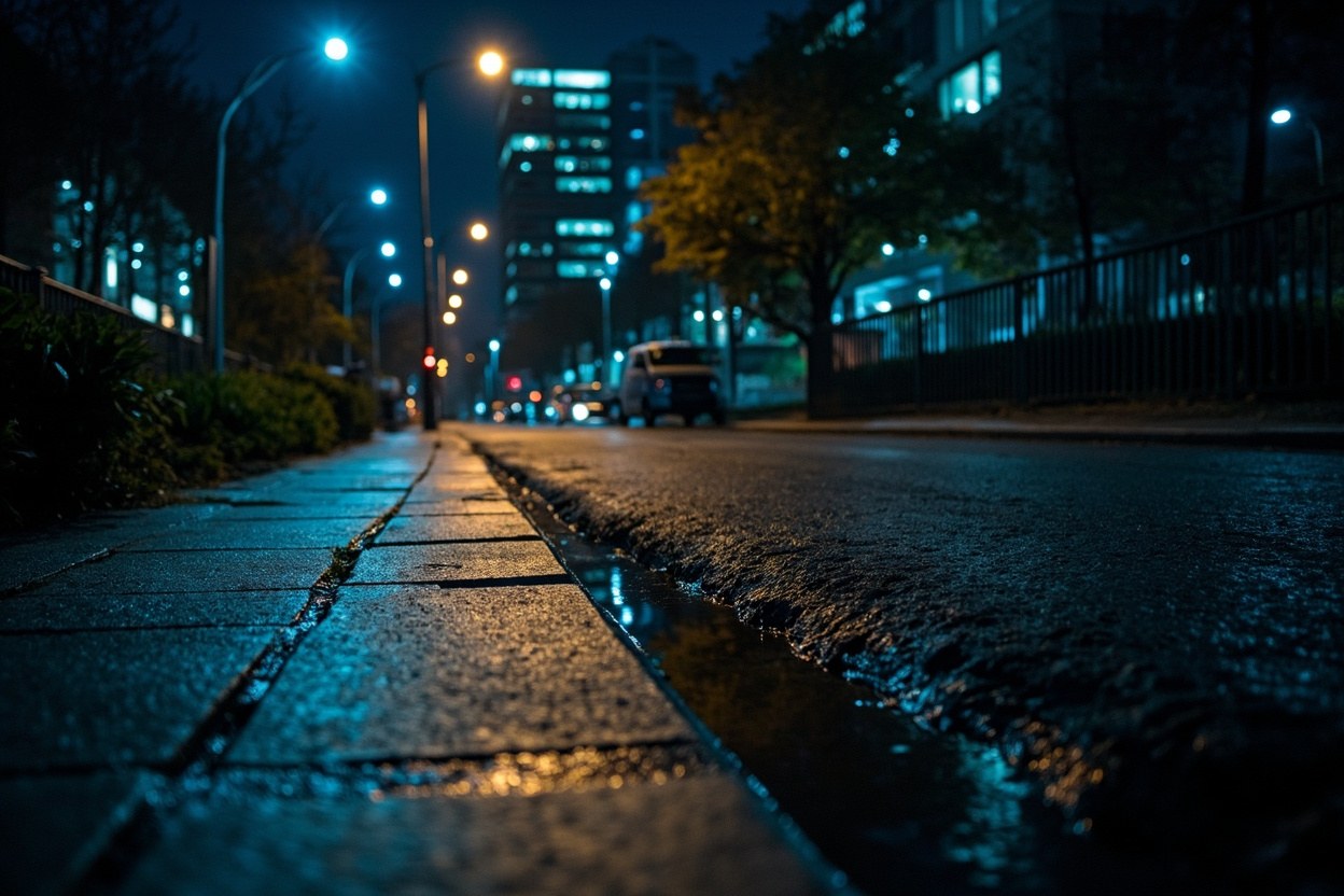 A wet pavement at night under sodium streetlights in a city centre, with an office building lit in the background and a phone face-down on the kerb edge. Evening rain is falling in the foreground and the windows of the office are still on in the distance.