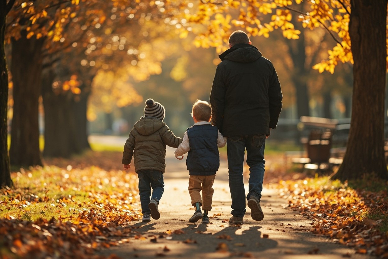 Parent and young child walking through a leafy park in late afternoon autumn daylight